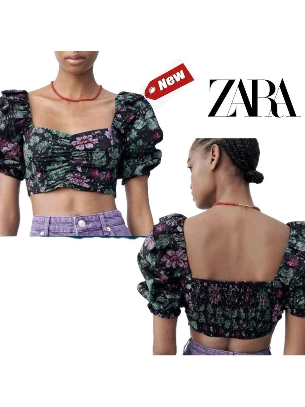 Zara Crop Top Floral Ruffle Puff Sleeve Blogger Favorite Festival Prairie Sz S